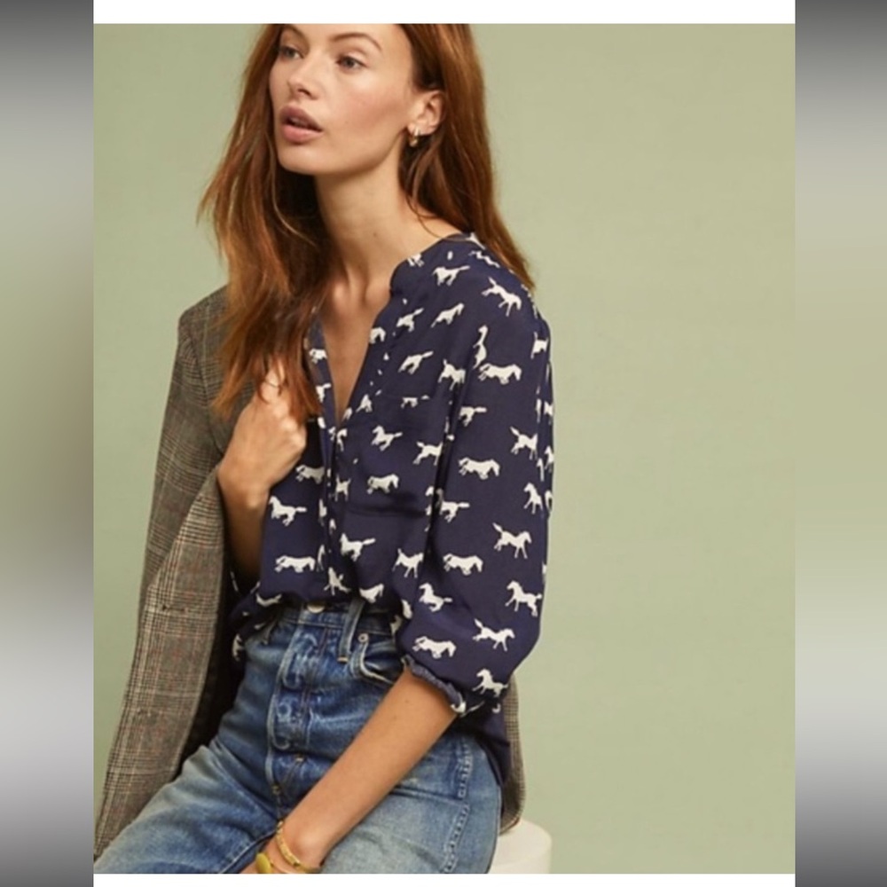 Stylish Navy Horse Print Blouse